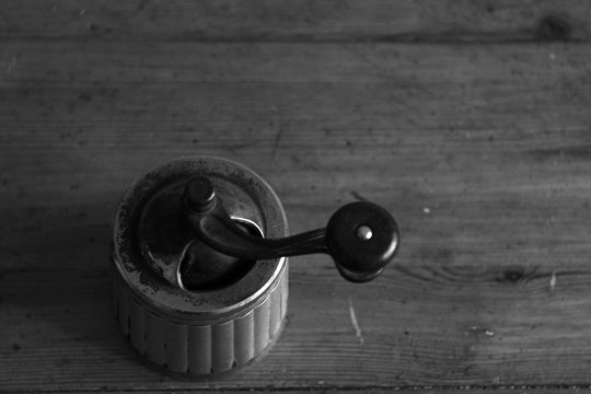 Vintage Rustic, Sugar, Coffee And Pepper Grinder Close Up Isolated In Black And White Style