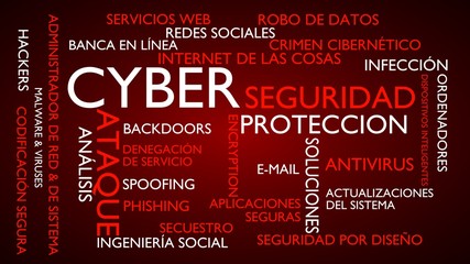 Cyber security and protection word tag cloud. 3D rendering, red Spanish variant.