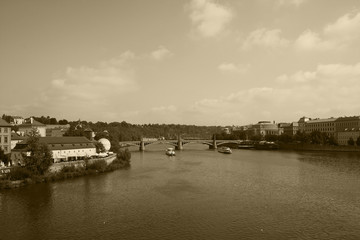 Prague,Czech Republic,Vltava,sepia.