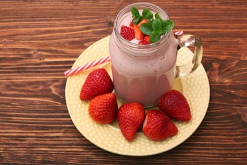 Smoothie with strawberries and milk. Healthy eating concept.