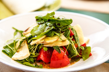 Salad with spinach, tomatoes and grilled cheese lie t on the pla