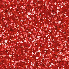 Seamless bright red glitter texture. Shimmer hearts love background.