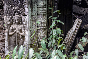 Bas-relief at Ta Prohm temple, Cambodia. Built in the Bayon style largely in the late 12th and early 13th centuries is in much the same condition in which it was found