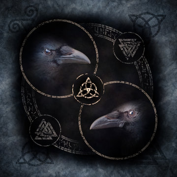 Celtic Crow Circle with two sinister crow heads materialising within a circular emblem of elaborate Celtic, pagan and runic symbols.