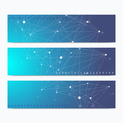 Modern set of vector banners. Geometric abstract presentation. Molecule DNA and communication background for medicine, science, technology, chemistry. Cybernetic dots. Lines plexus.