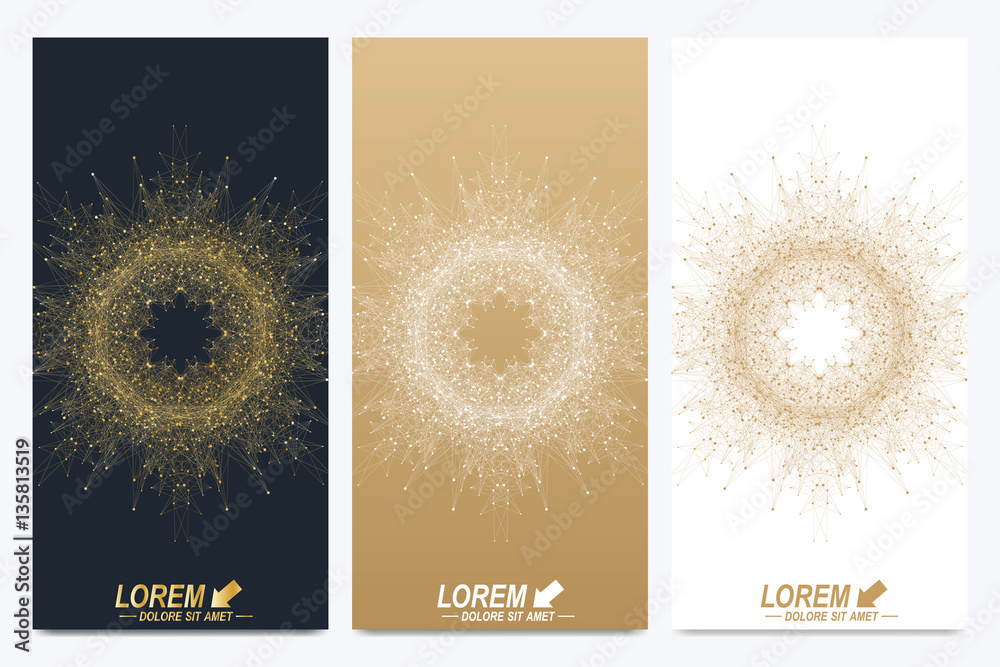 Poster Modern set of vector flyers. Geometric abstract presentation with golden mandala. Molecule and communication background for medicine, science, technology, chemistry.