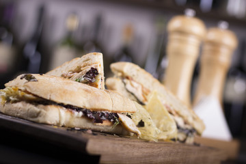 Close up of delicious sandwiches.  Beautifully served meal at the restaurant.
