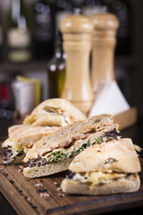 Close up of delicious sandwiches.  Beautifully served meal at the restaurant.