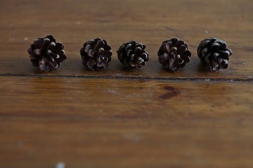 Pine cones texture on bright brown wooden background in vintage style