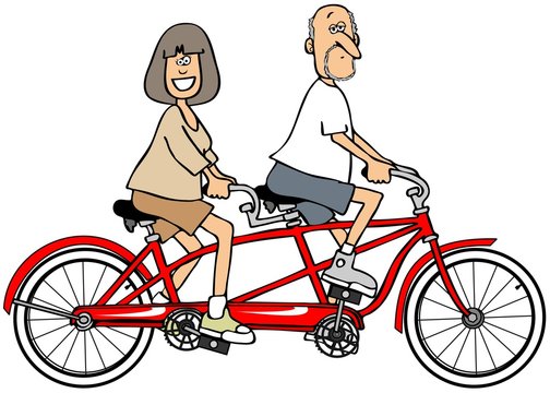 Illustration of an older couple riding a tandem bicycle.