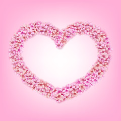 Vector pink sakura flowers Japan cherry floral frame heart shape for Valentines day decorative romantic element with empty space for text blank