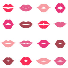 Set of pink and red women lips icons isolated on white