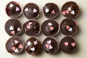 homemade chocolate with decorative hearts