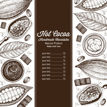 Card menu design template with cocoa beans. Vintage vector illustration