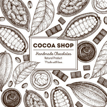 Card design template with cocoa beans. Vintage vector illustration