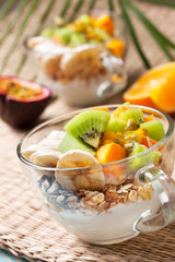Breakfast with muesli, yoghurt, tropical fruits