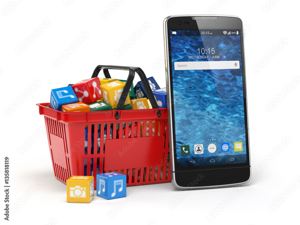 Poster mobile phone application software icons in the shopping basket
