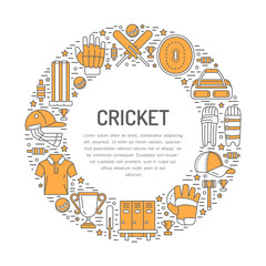 Cricket banner with line icons of ball, bat, field, wicket, helmet, apparel and other equipment. Vector circle illustration for sport championship poster.