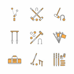 Croquet sport game vector line icons. Ball, mallets, hoops, pegs, corner flags. Garden, lawn activities signs set, championship pictograms with editable stroke for club, equipment store.