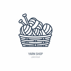 Knitting shop line logo. Yarn store flat sign, illustration of wool skeins with knitting needles.
