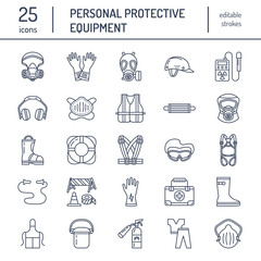 Personal protective equipment line icons. Gas mask, ring buoy, respirator, bump cap, ear plugs and safety work garment. Health protection thin linear signs.