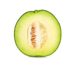 A half of green cantaloupe melon isolated on white background.