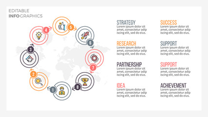 Presentation slide, page with 8 steps, parts. Editable stroke.