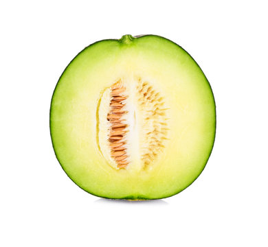 A half of green cantaloupe melon isolated on white background.