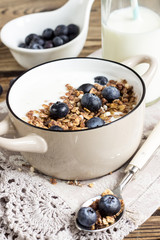 Healthy breakfast with yogurt, granola and fresh blueberry.