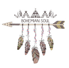 Hand drawn boho style design with arrow and feathers.