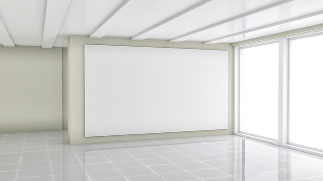 Blank trade showroom with white poster