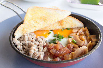 American breakfast contain egg, minced pork, sausage, toast on p