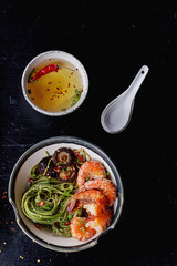 Green tea soba noodles with shrimp