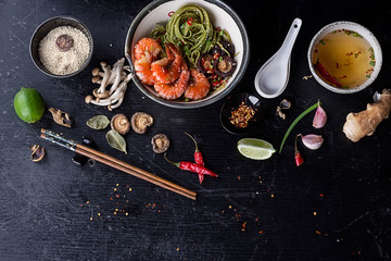 Green tea soba noodles with shrimp