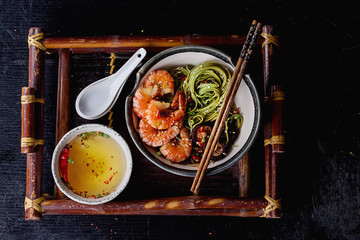 Green tea soba noodles with shrimp
