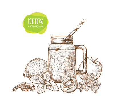 Smoothie. Detox water and drinks. Sketches of vegan food for cooking cards, stickers, labels, tags.