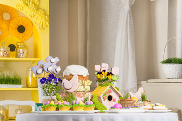 easter  cupcakes sweet rabbit eggs and flowers still life