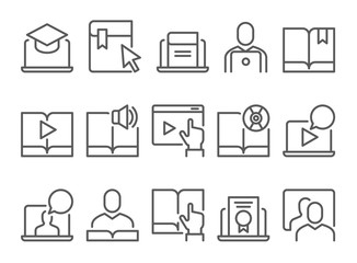 Online education e-learning line icons.