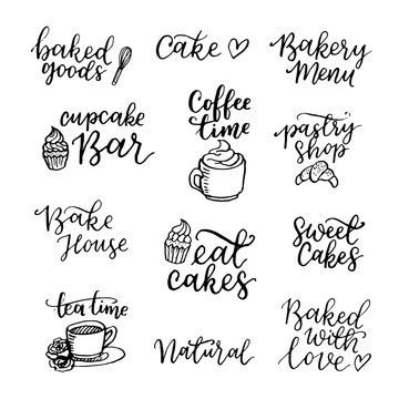 Vector set of vintage bakery hand lettering logos, badges. Typography design elements, modern calligraphy collection with cookie illustrations for prints, cards, posters, products packaging, branding.