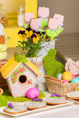 easter  cupcakes sweet rabbit eggs and flowers still life