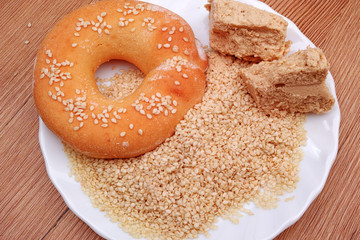 Sesame grains, halvah and donut