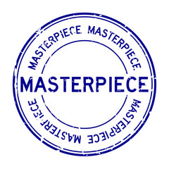 Grunge blue masterpiece round rubber stamp on white background