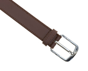 Silver buckle on a leather belt against a white background.