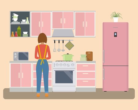 Kitchen in a pink color. There is a woman near the stove prepares food. There is a refrigerator, a kitchen furniture, a microwave and other objects in the picture. Vector flat illustration