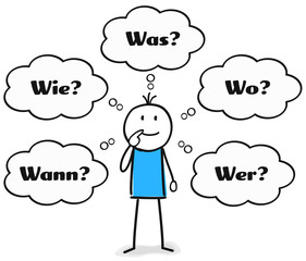 Figur mit fünf W-Fragen Wann Wie Was Wo Wer