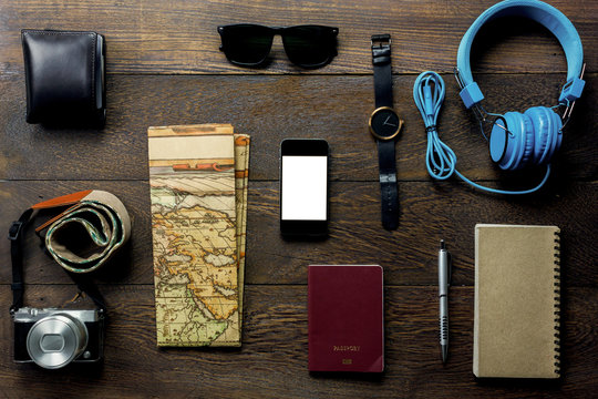 Top view accessories  travel with mobile phone,passport,camera.