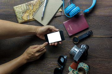Top view accessories  travel with mobile phone,passport,camera.