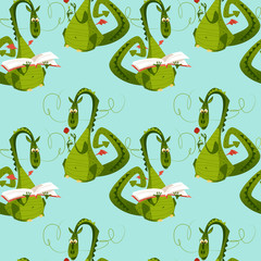 Dragons with a flower and a book. Diada de Sant Jordi (the Saint George’s Day). Seamless background pattern. 
