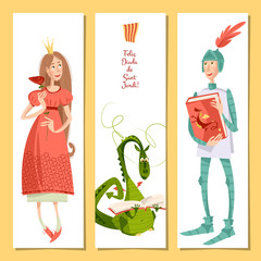 Set of universal cards with princess, knight and dragon. Diada de Sant Jordi (the Saint George’s Day). Congratulations. Template.