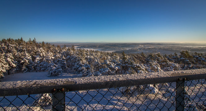 Vetatoppen, view from the tower in Fredrikstad, Norway. Winter, sun, snow.